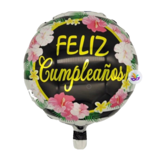 18" feliz cumpleaños flores tropicales rayas blanco y negro